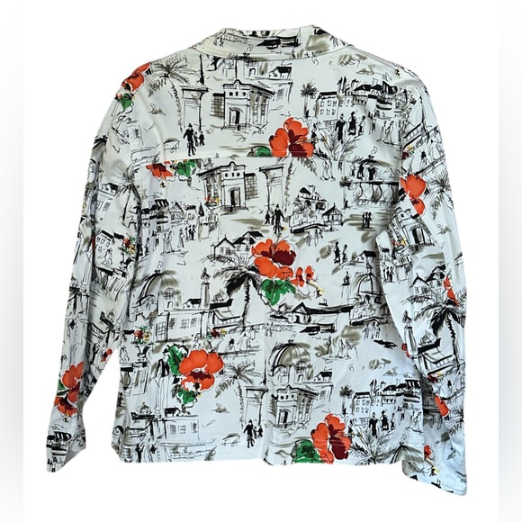 Susan Graver White Shirt Jacket w/Black Sketch Art, Rhinestone Buttons. Size Lrg - Picture 2 of 6